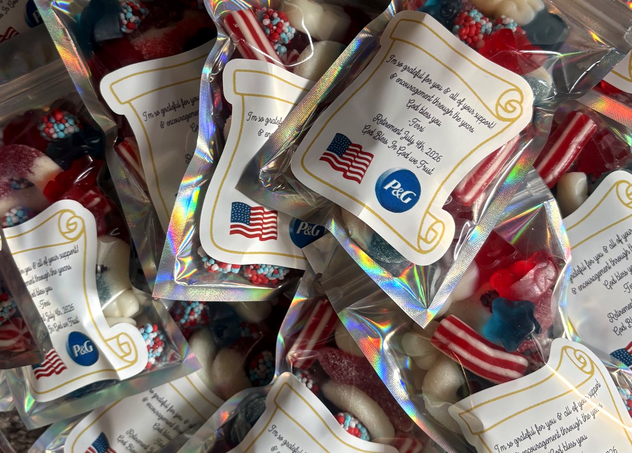 Personalized party favor bags made for a corporate event