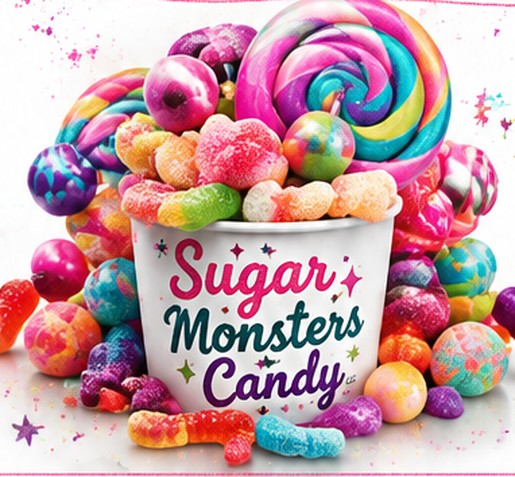 A Sugar Monsters Candy cup overflowing with colorful gummies and a swirl lollipop