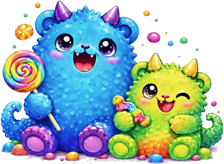 The Sugar Monsters mascots — two friendly candy monsters